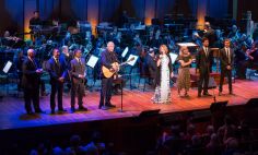 NIH Director Francis Collins, M.D., Ph.D. (left center), and Renée Fleming (right center) perform at NIH’s 2017 Sound Health event with other event leaders. 