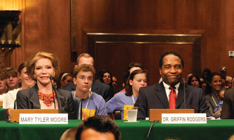 Mary Tyler Moore and Griffin Rodgers, M.D., M.A.C.P., advocate for type 1 diabetes funding in front of a congressional panel on Capitol Hill in 2009. 